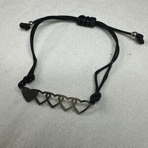 Pull Cord Bracelet Black Cord Silver Tone Hearts Dainty Cute Costume Jewelry
